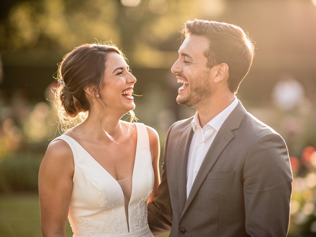 Joyful couple laughing during an outdoor photography session