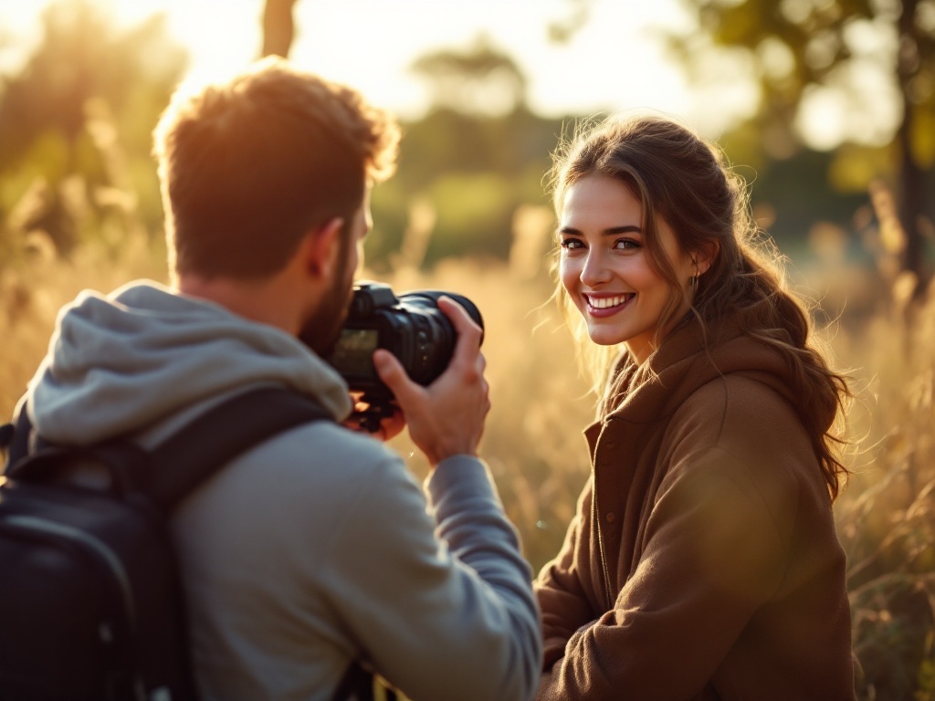 A man with a camera taking a photo of a smiling woman with long brown hair, wearing a brown jacket, in a sunlit outdoor setting with blurred foliage in the back