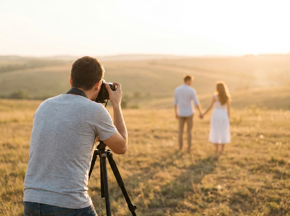 Photographer capturing a couple in a grassy field