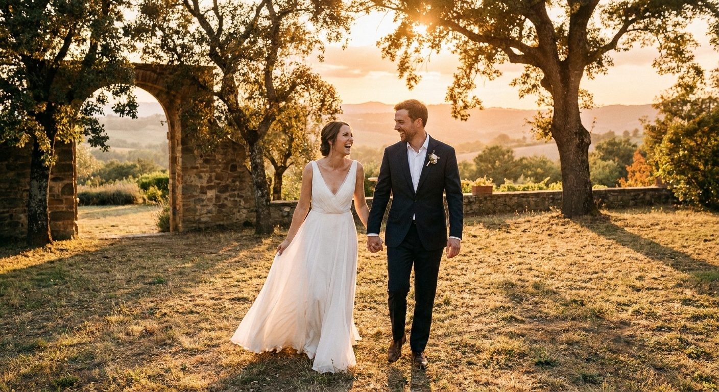 Bride and groom walking happily outdoors