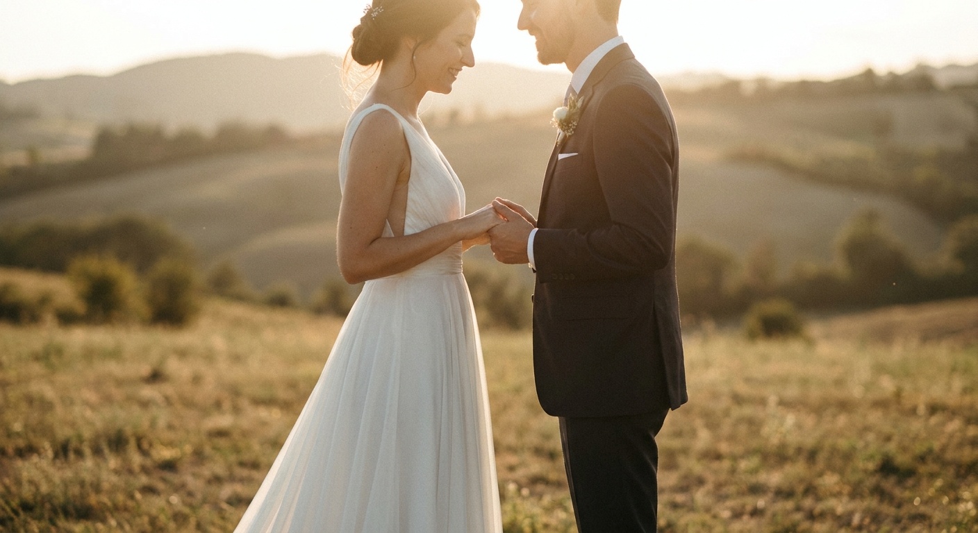 Newlywed couple holding hands in a field