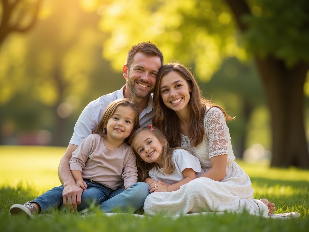 Happy family of four sitting in a sun-drenched park